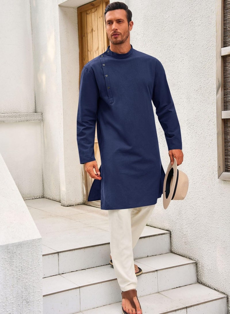 Mens Kaftan Thobe Robe Long Sleeve Cotton Henley Shirt Casual Muslim Gown Salwar Kurta  - Image 4
