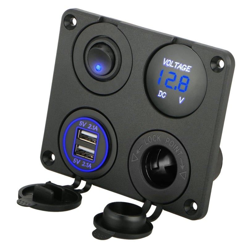 Linkstyle 4 in 1 Charger Socket Panel, 12V 4.2A Dual USB Charger Socket Power Outlet & LED Voltmeter & Cigarette Lighter Socket & LED Lighted ON Off Rocker Toggle Switch for Car Marine Boat RV Truck - Image 1