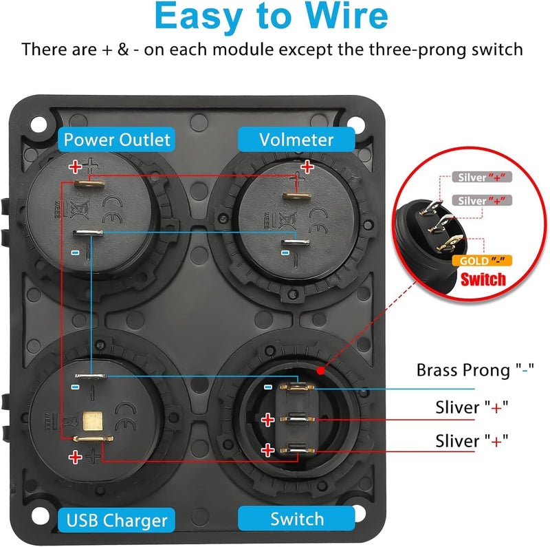 Linkstyle 4 in 1 Charger Socket Panel, 12V 4.2A Dual USB Charger Socket Power Outlet & LED Voltmeter & Cigarette Lighter Socket & LED Lighted ON Off Rocker Toggle Switch for Car Marine Boat RV Truck - Image 4