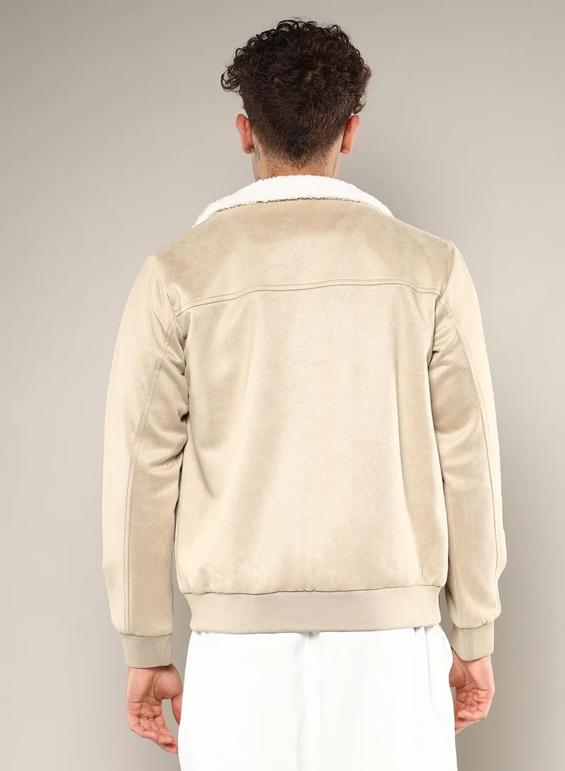 كامبوس سوترا Men's Saltbox Beige Fur-Lined Suede Bomber Jacket