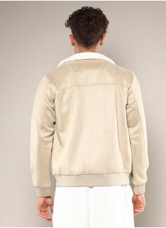 Campus Sutra Men's Saltbox Beige Fur-Lined Suede Bomber Jacket  - Image 5
