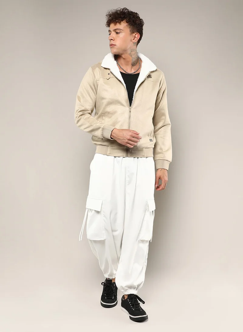 كامبوس سوترا Men's Saltbox Beige Fur-Lined Suede Bomber Jacket