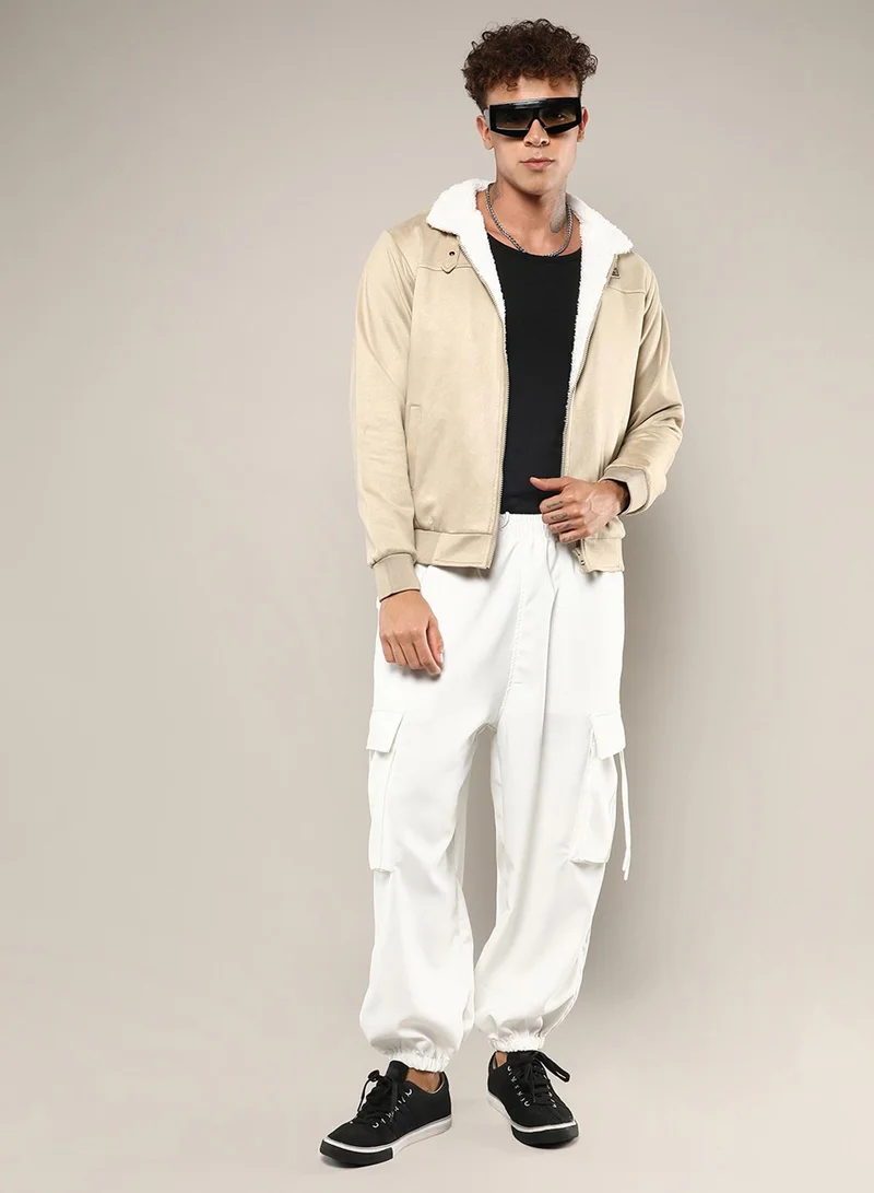 كامبوس سوترا Men's Saltbox Beige Fur-Lined Suede Bomber Jacket