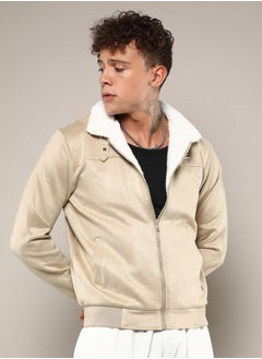 Campus Sutra Men's Saltbox Beige Fur-Lined Suede Bomber Jacket  - Image 3