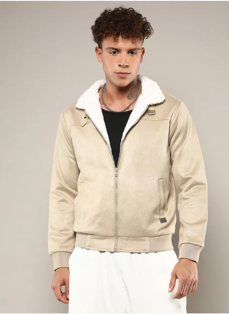Campus Sutra Men's Saltbox Beige Fur-Lined Suede Bomber Jacket