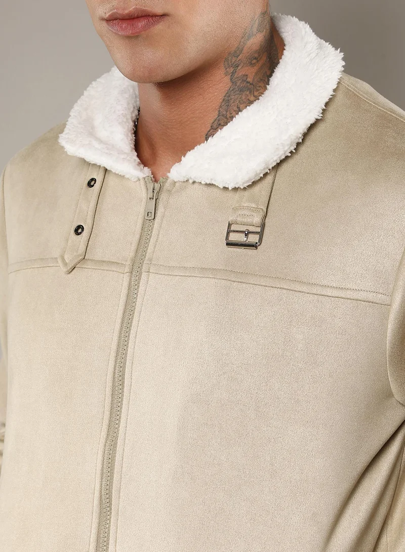 كامبوس سوترا Men's Saltbox Beige Fur-Lined Suede Bomber Jacket