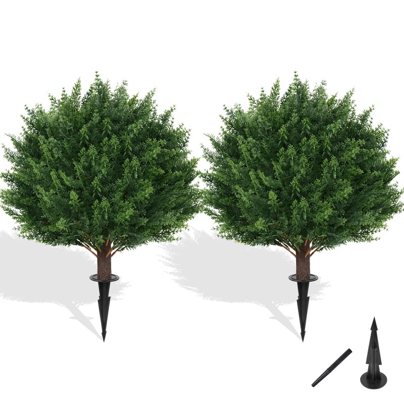 Grooy Artificial Cypress Topiary Tree with Ground Spike, Set of 2 Artificial Shrub Bushes, Fake Evergreen Tree for Porch, Artificial Plants for Outdoor Planters Indoor UV Resistant - Image 1