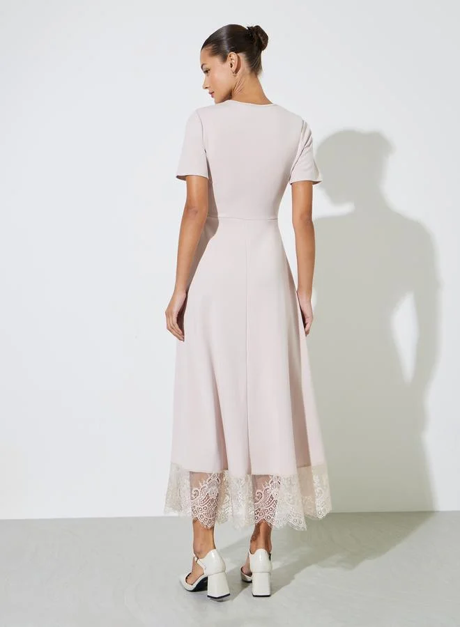 Styli  Cream Solid Lace Hem A-Line Maxi Dress for Women | Best Price UAE