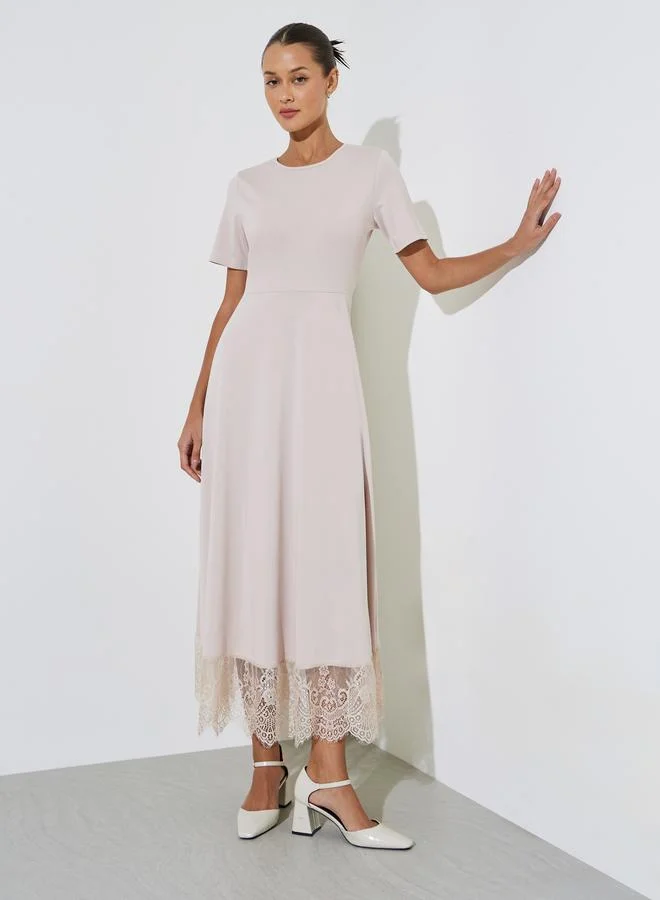 Cream Solid Lace Hem A-Line Maxi Dress