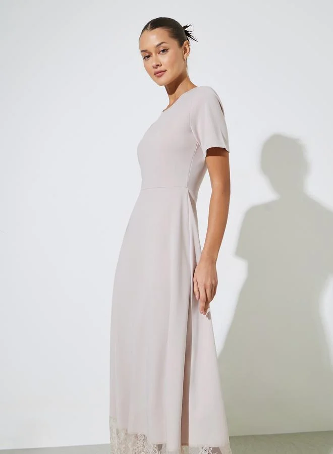 Styli  Cream Solid Lace Hem A-Line Maxi Dress for Women | Best Price UAE