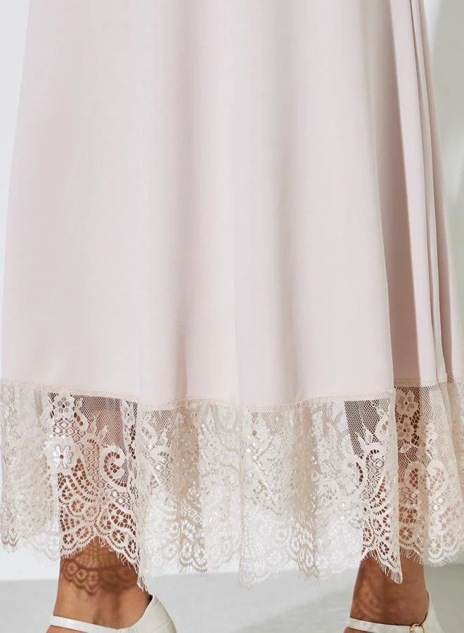 Styli  Cream Solid Lace Hem A-Line Maxi Dress for Women | Best Price UAE