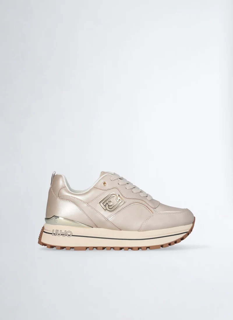 ليو جو White Metallic-Effect Leather Sneakers