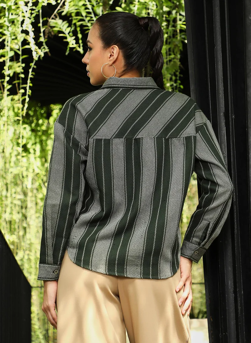 Pinacolada  Women's Sacramento Green Multitrack-Striped Oversized Shirt | نساء | أكمام طويلة | مخطط | طوق منتشر | كاجوال كبير الحجم | قميص for Women | Best Price UAE