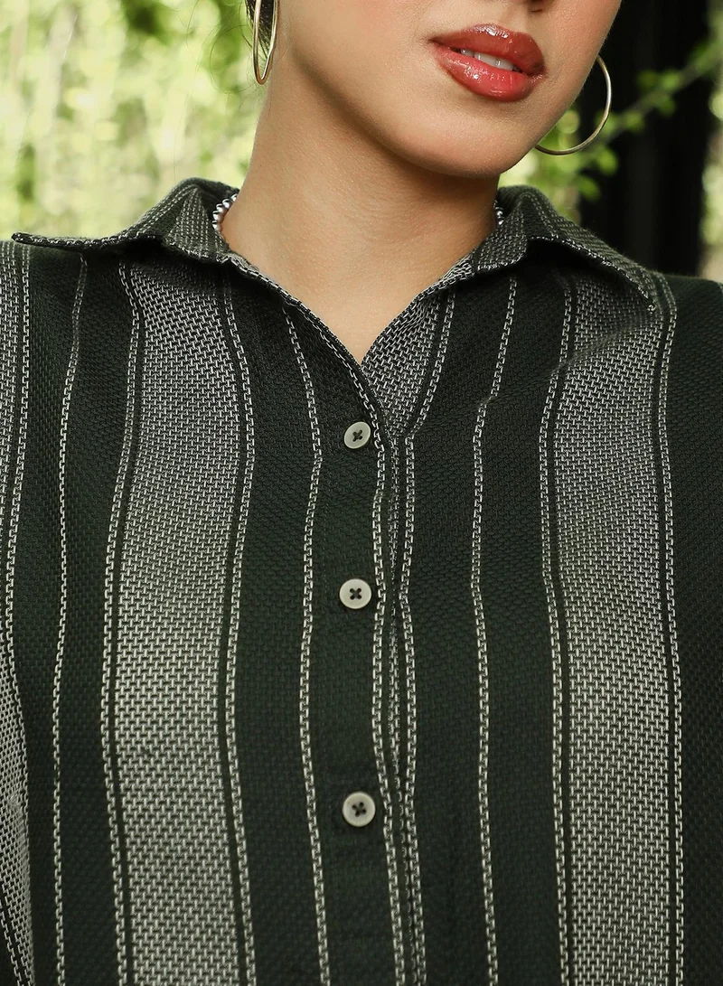 Pinacolada  Women's Sacramento Green Multitrack-Striped Oversized Shirt | نساء | أكمام طويلة | مخطط | طوق منتشر | كاجوال كبير الحجم | قميص for Women | Best Price UAE