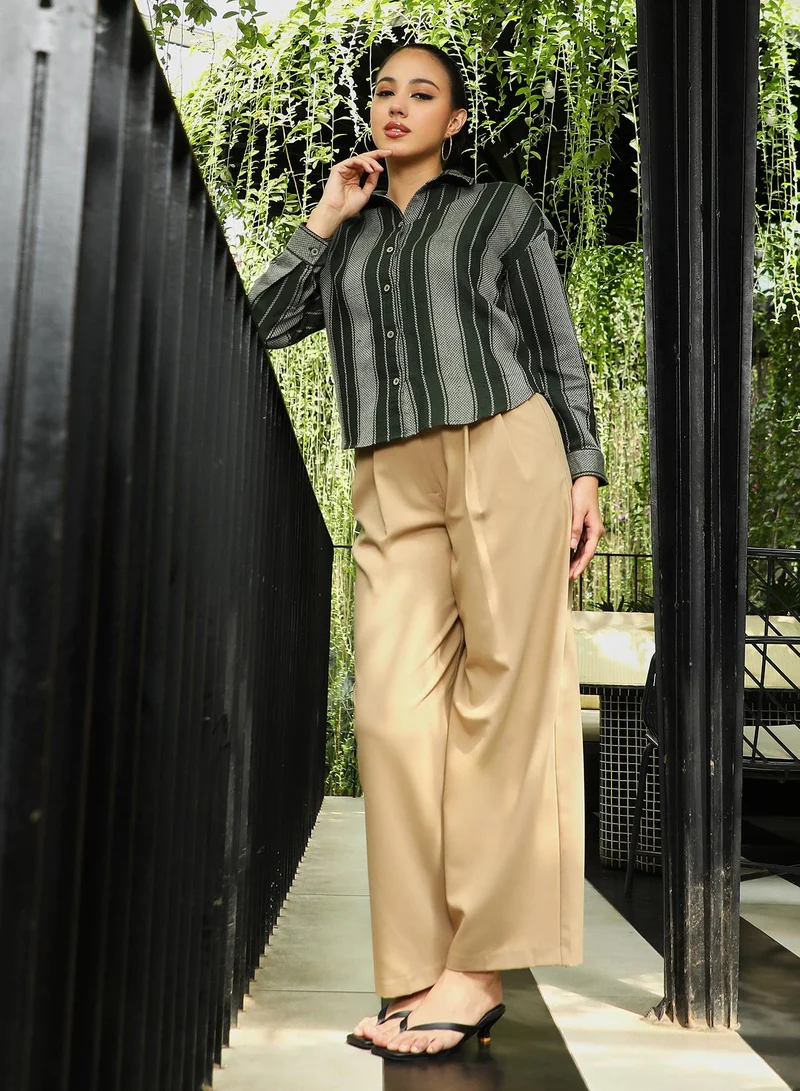 Pinacolada  Women's Sacramento Green Multitrack-Striped Oversized Shirt | نساء | أكمام طويلة | مخطط | طوق منتشر | كاجوال كبير الحجم | قميص for Women | Best Price UAE