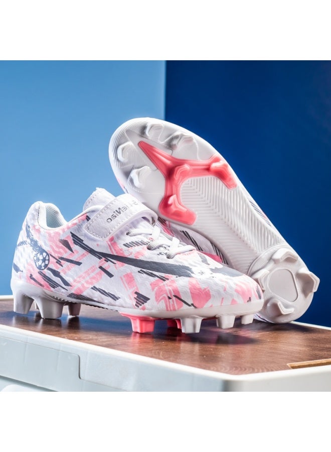 Children's Football Shoes with Velcro and Rotating Buttons, C Luo Style, Long Nails Spikes for Training - White