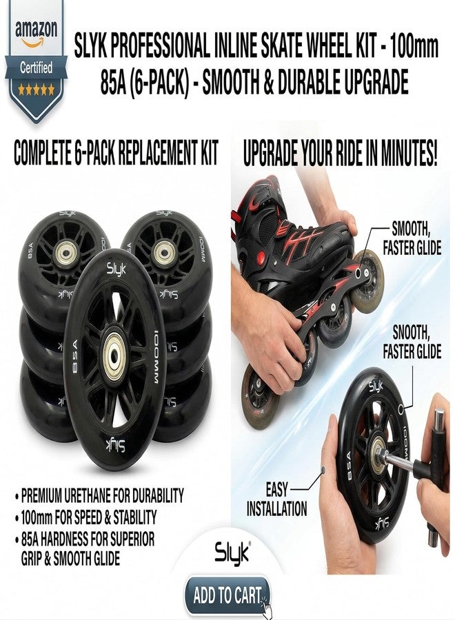 Slyk 100mm Inline Skate PU Wheels, 85A Hardness ABEC-11 Bearings with Spacers, 100mm Replacement Wheels for inline skates (Pack of 6) - Image 4