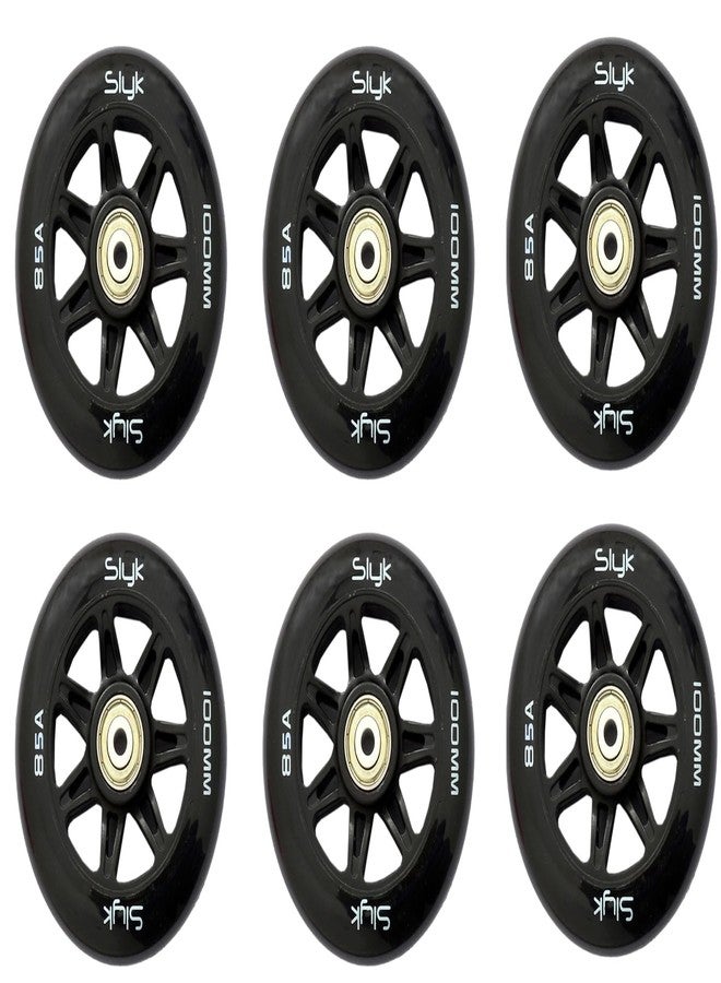 Slyk 100mm Inline Skate PU Wheels, 85A Hardness ABEC-11 Bearings with Spacers, 100mm Replacement Wheels for inline skates (Pack of 6) - Image 1