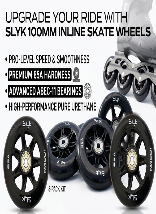 Slyk 100mm Inline Skate PU Wheels, 85A Hardness ABEC-11 Bearings with Spacers, 100mm Replacement Wheels for inline skates (Pack of 6) - Image 3