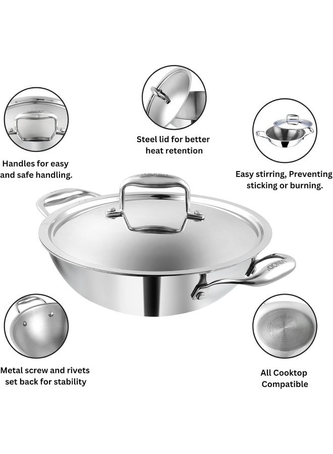 VINOD Platinum Triply Stainless Steel Kadai with Lid - 3.7 L, 28 cm | 2.5mm Thick Base, Even Heating No Hotspot, Less Oil Healthy Cooking, Heavy Bottom Induction Cookware Kadhai for Cooking & Frying - Image 5