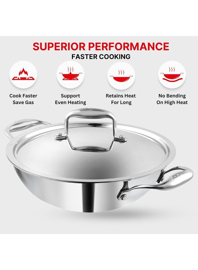VINOD Platinum Triply Stainless Steel Kadai with Lid - 3.7 L, 28 cm | 2.5mm Thick Base, Even Heating No Hotspot, Less Oil Healthy Cooking, Heavy Bottom Induction Cookware Kadhai for Cooking & Frying - Image 4