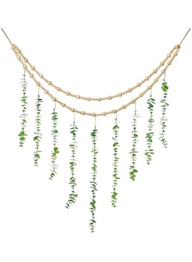 Luckam ديكور معلق على الحائط، ديكور بوهيمي من الأوكاليبتوس، زينة حائط لغرفة النوم، خرز خشبي مزخرف، زينة الأوكاليبتوس الاصطناعية، نباتات خضراء طبيعية لتزيين غرفة الضيوف، الحمام العصري، غرفة المعيشة - Image 1