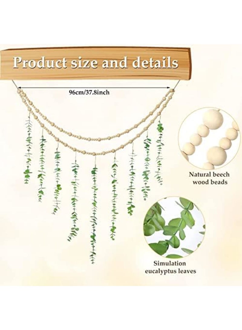 Luckam ديكور معلق على الحائط، ديكور بوهيمي من الأوكاليبتوس، زينة حائط لغرفة النوم، خرز خشبي مزخرف، زينة الأوكاليبتوس الاصطناعية، نباتات خضراء طبيعية لتزيين غرفة الضيوف، الحمام العصري، غرفة المعيشة - Image 2