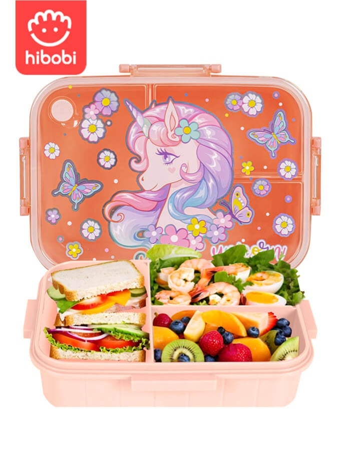 hibobi Lunch Box for Girls with Unicorn, 3-Compartment Food Container, Easy to Open, Safe Material – Bento-Style Lunchbox with Gift Packaging for School & Travel - Image 1