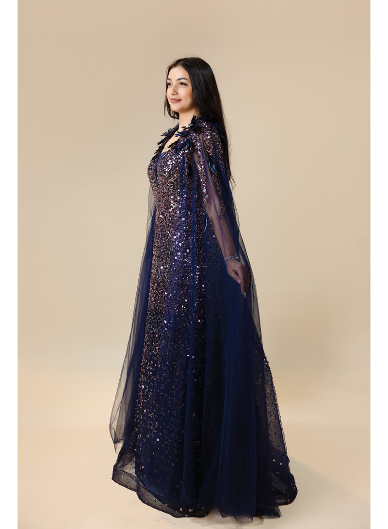 FAIZ COUTURE Women's Navy Blue Sequin Gown with Cape – Formal Evening Dress - Image 2