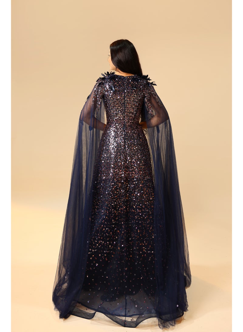 FAIZ COUTURE Women's Navy Blue Sequin Gown with Cape – Formal Evening Dress - Image 4