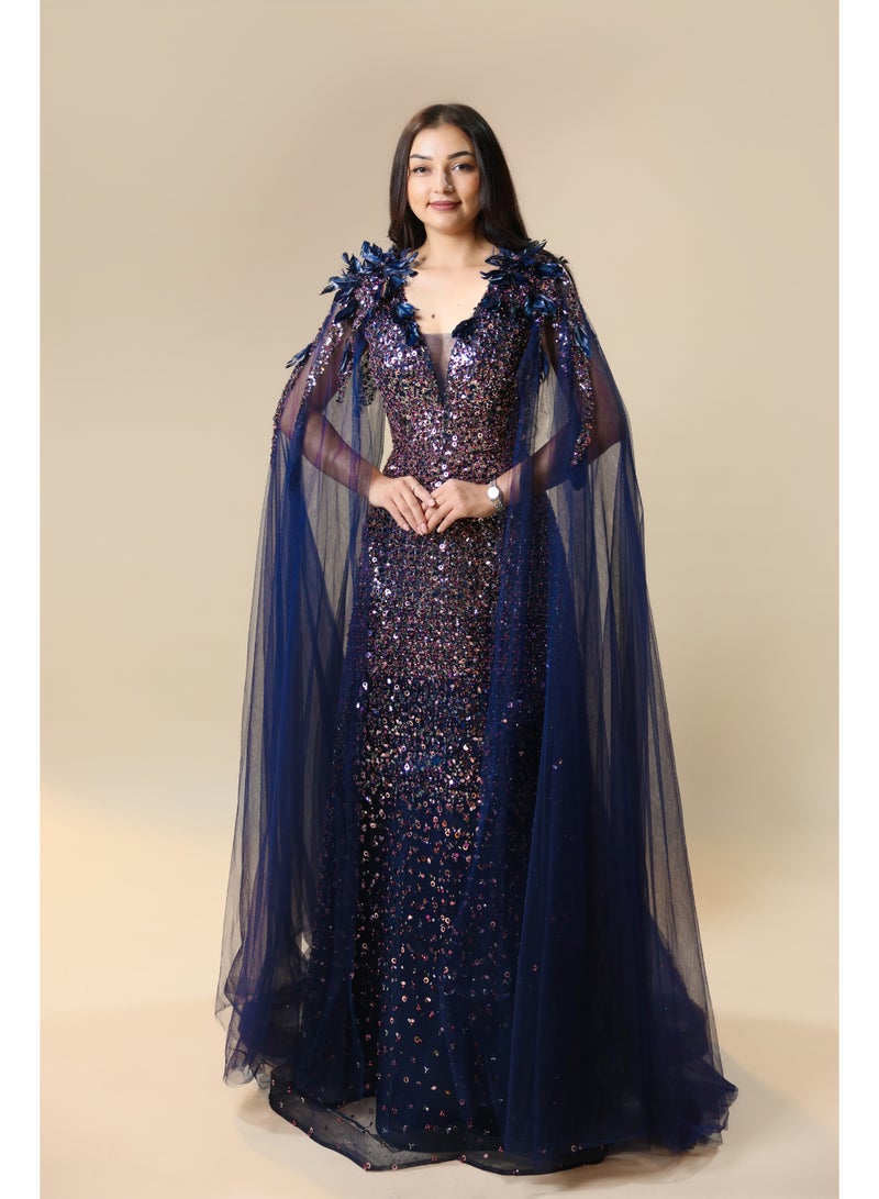 FAIZ COUTURE Women's Navy Blue Sequin Gown with Cape – Formal Evening Dress - Image 1