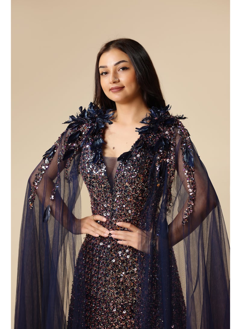 FAIZ COUTURE Women's Navy Blue Sequin Gown with Cape – Formal Evening Dress - Image 3