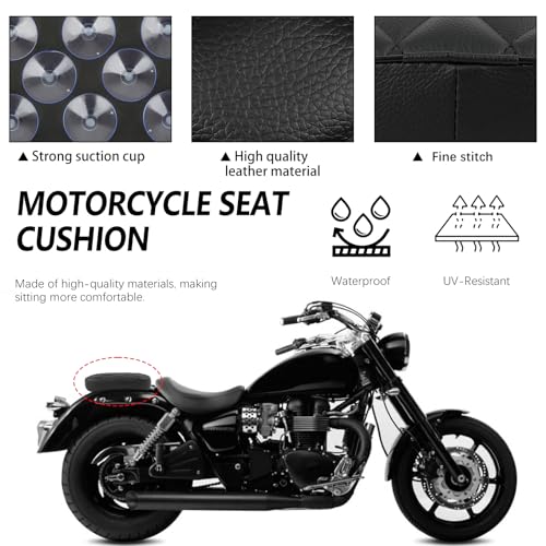 JMTBNO Black Universal Motorcycle Solo Seat Leather Pillion Pad 8 Suction Cups Rear Passenger Seat Compatible with Harley Sportster Bobber Chopper Custom Bike (Black-Diamond Style) - Image 5