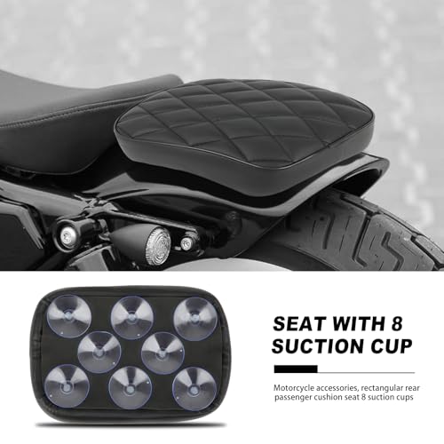 JMTBNO Black Universal Motorcycle Solo Seat Leather Pillion Pad 8 Suction Cups Rear Passenger Seat Compatible with Harley Sportster Bobber Chopper Custom Bike (Black-Diamond Style) - Image 2