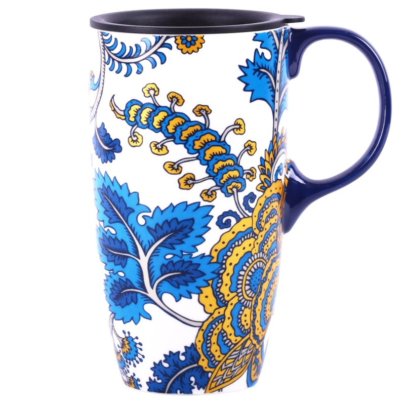 DUSVALLY Travel Coffee Mug Coffee Cups Ceramic Mug with Box 17oz Large Mug Ceramic Tea Cup with Handle and lid17ozBlue Flower