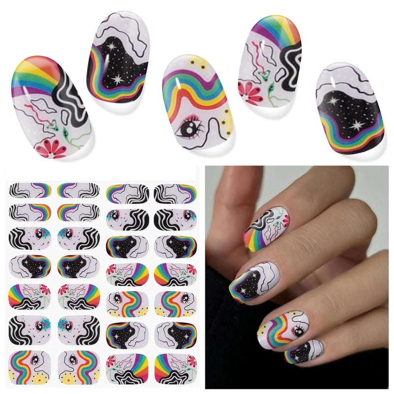 DUKASOU Semi Cured Gel Nail Strips, 28 Pcs UV Gel Nail Stickers, Long Lasting Gel Nail Strips, Salon Quality Gel Nail Wraps for Home, Includes Prep Pads, Nail File & Wood Stick(Rainbow Graffiti)