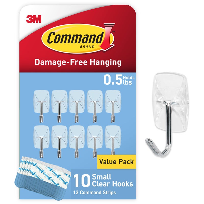 Command Small Clear Wire Toggle Hooks, 10 Wall Hooks and 12 Command Strips, Damage-Free Hanging with Adhesive, Great for Hanging Christmas Decorations, Holds up to 0.5 lb - Image 1