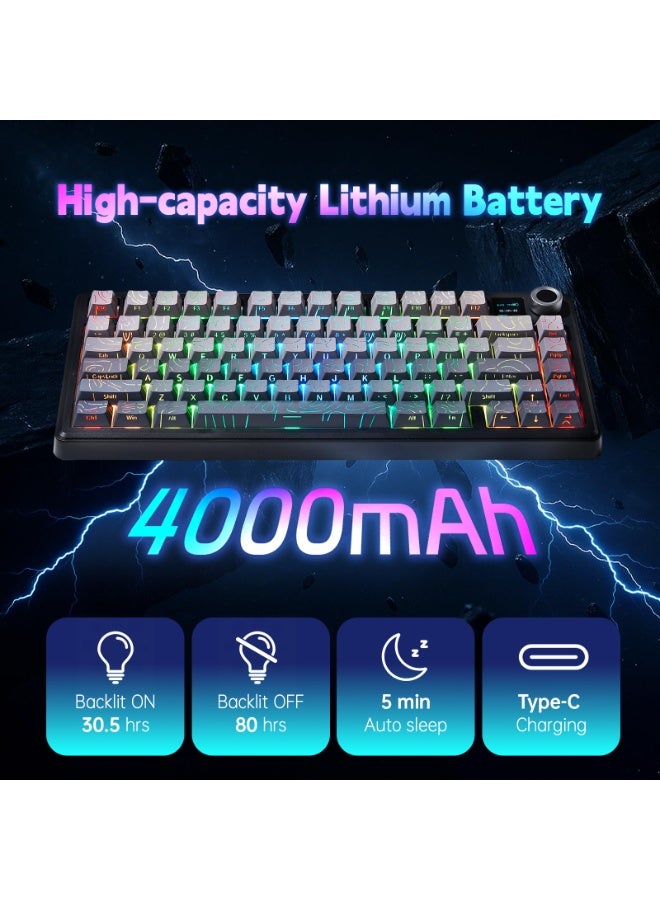 أولا لوحة مفاتيح F75 MAX الميكانيكية للألعاب اللاسلكية مع شاشة ذكية وقرص تحكم، لوحة مفاتيح مخصصة قابلة للتبديل الساخن بنسبة 75%، بإضاءة خلفية RGB، ومفاتيح خطية مُشحمة مسبقًا، وغطاء مفاتيح من مادة PBT مطبوعة من الجانب بنمط طبوغرافي (رمادي متدرج). - Image 2