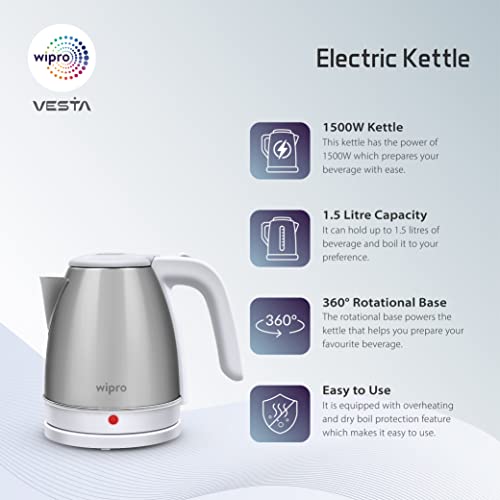 Wipro Vesta Electric Kettle Stainless Steel|1500W|Auto Shut-Off|Boil Dry Protection|360° Rotating Base|Single Touch Lid Locking|Power Plug, White, Standard (Va011150) - 1500 Watts, 1.5 Litres - Image 3