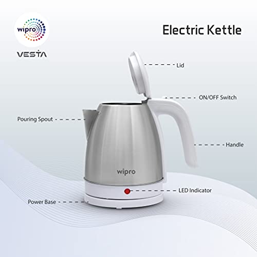 Wipro Vesta Electric Kettle Stainless Steel|1500W|Auto Shut-Off|Boil Dry Protection|360° Rotating Base|Single Touch Lid Locking|Power Plug, White, Standard (Va011150) - 1500 Watts, 1.5 Litres - Image 2