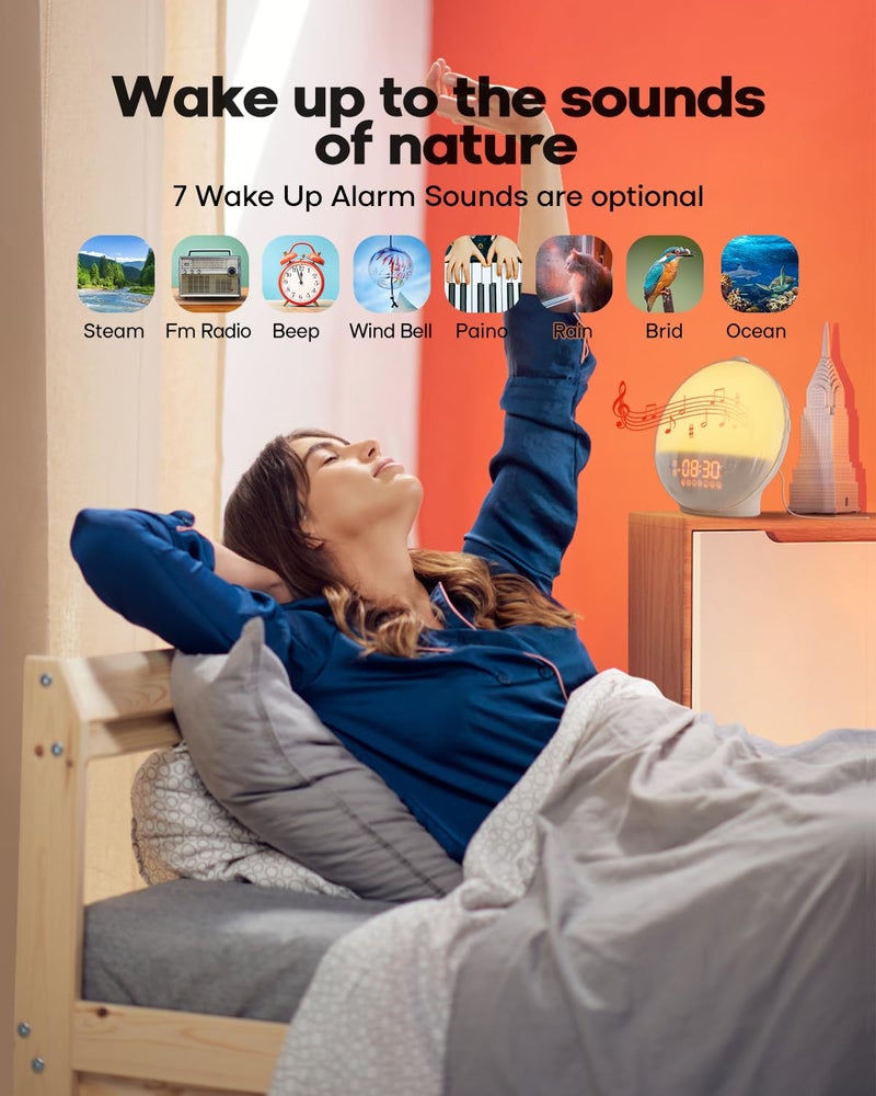 Dekala Sunrise Alarm Clock for Heavy Sleepers, Wake Up Light with Sunrise/Sunset Simulation, Dual Alarms & Natural Sounds, Snooze & Sleep Aid, FM Radio, 7 Colors Night Light for Bedroom, Ideal for Gift - Image 2