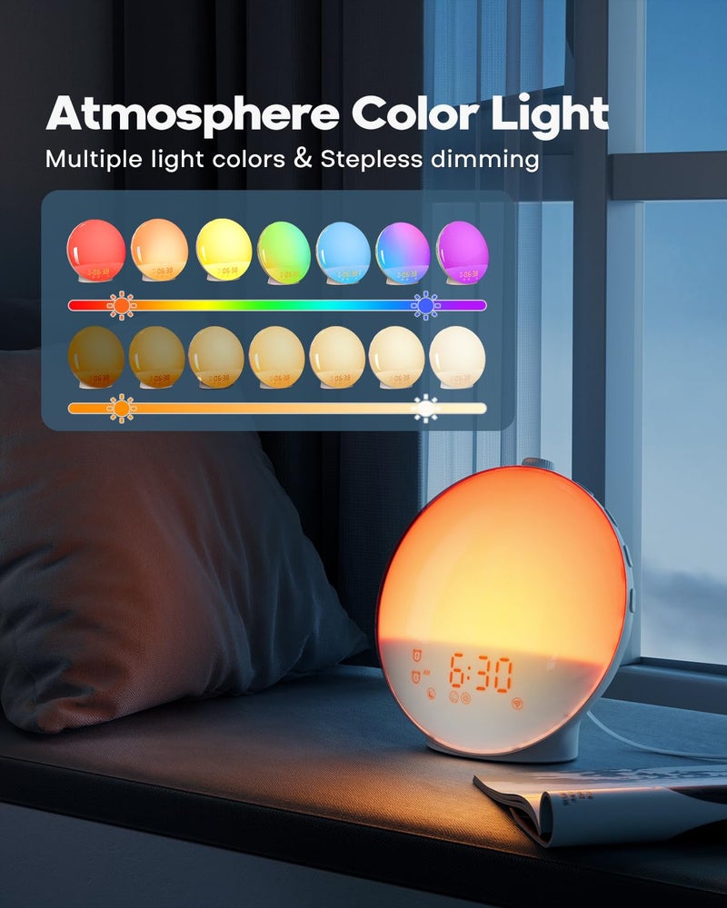 Dekala Sunrise Alarm Clock for Heavy Sleepers, Wake Up Light with Sunrise/Sunset Simulation, Dual Alarms & Natural Sounds, Snooze & Sleep Aid, FM Radio, 7 Colors Night Light for Bedroom, Ideal for Gift - Image 4