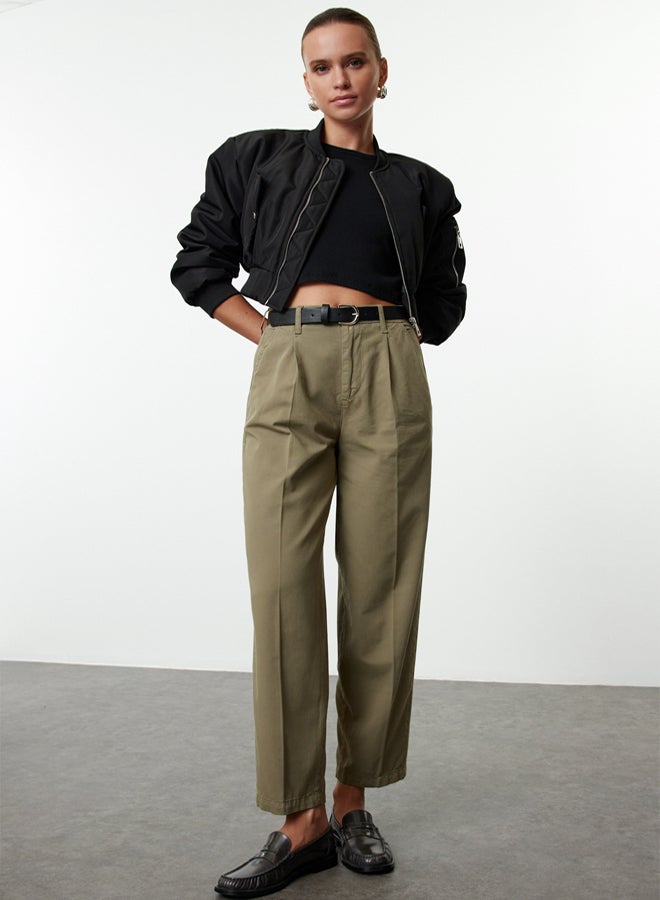 trendyol Khaki Belted High Waist Mom Jeans - Image 2