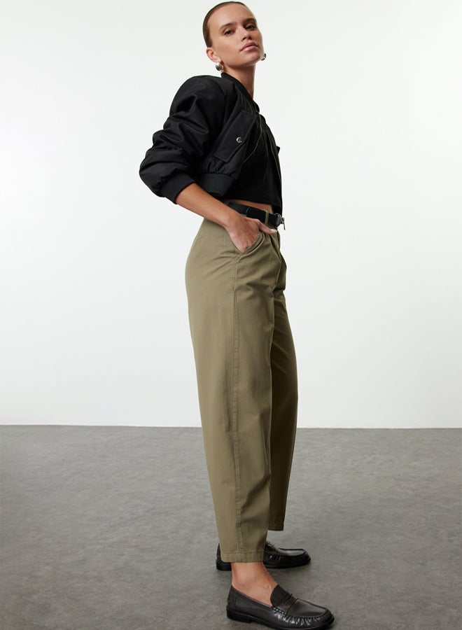 trendyol Khaki Belted High Waist Mom Jeans - Image 3