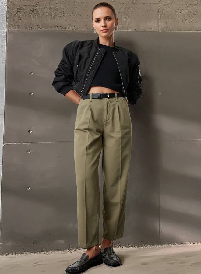 trendyol Khaki Belted High Waist Mom Jeans - Image 1