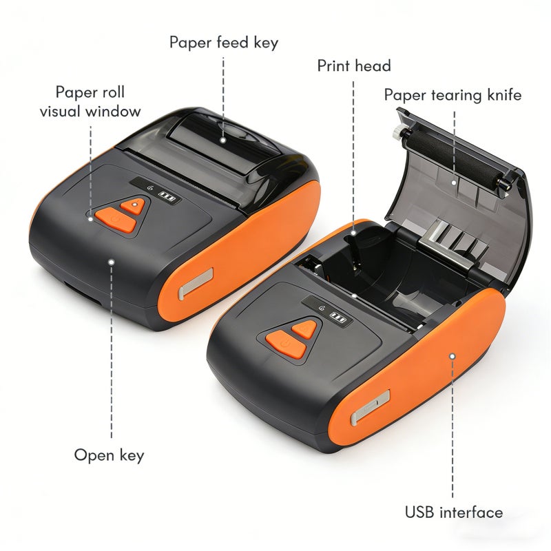 Bisofice Portable Mini Thermal Printer 2 inch Wireless USB Receipt Bill Ticket Printer with 2 Rolls 57mm Print Paper Compatible with iOS Android Windows for Restaurant s Retail,orange - Image 3
