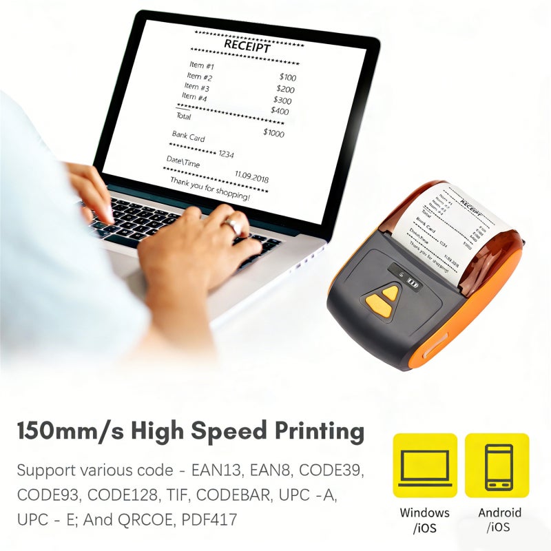 Bisofice Portable Mini Thermal Printer 2 inch Wireless USB Receipt Bill Ticket Printer with 2 Rolls 57mm Print Paper Compatible with iOS Android Windows for Restaurant s Retail,orange - Image 2