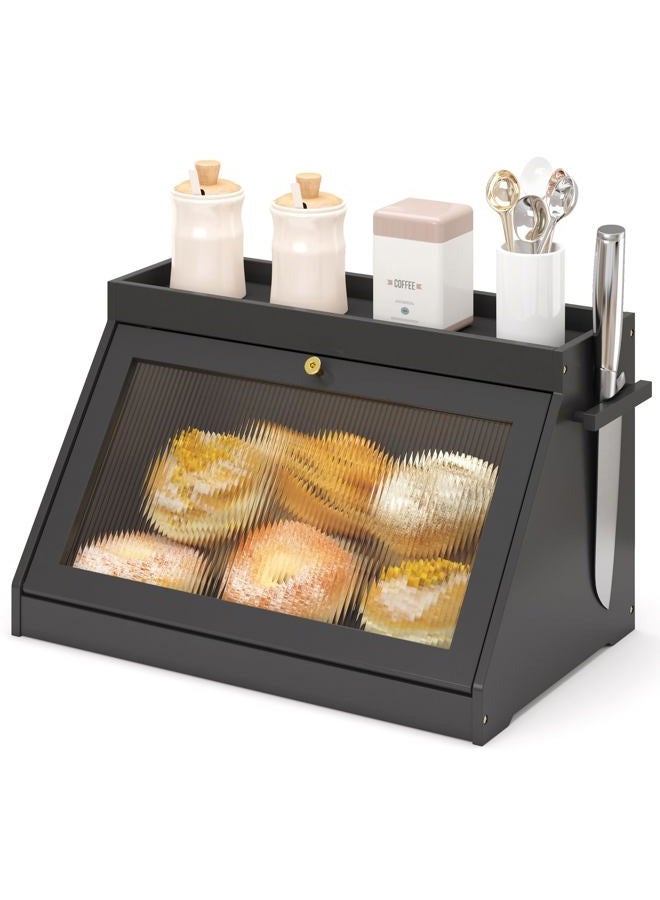 Wisuce Essentials Bamboo Bread Box with Shelf for Kitchen Counter-Large Capacity Bread Storage Container with Wavy Arcylic Transparent Door Bamboo Wooden Farmhouse Bread Box for Your House (Black) - Image 1