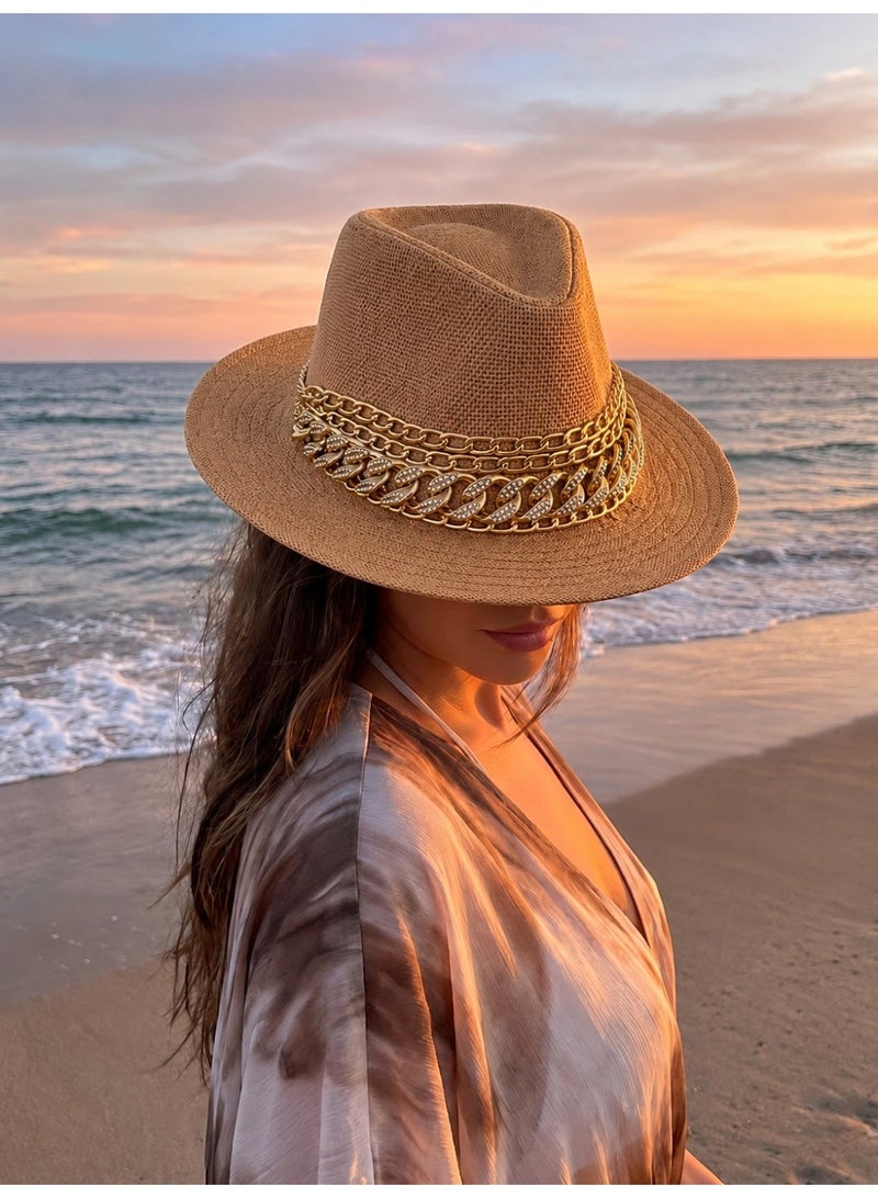 LIFESTYLISH Cowboy hat burlap Decorated with gold chains Q-2 - Beige - Image 1