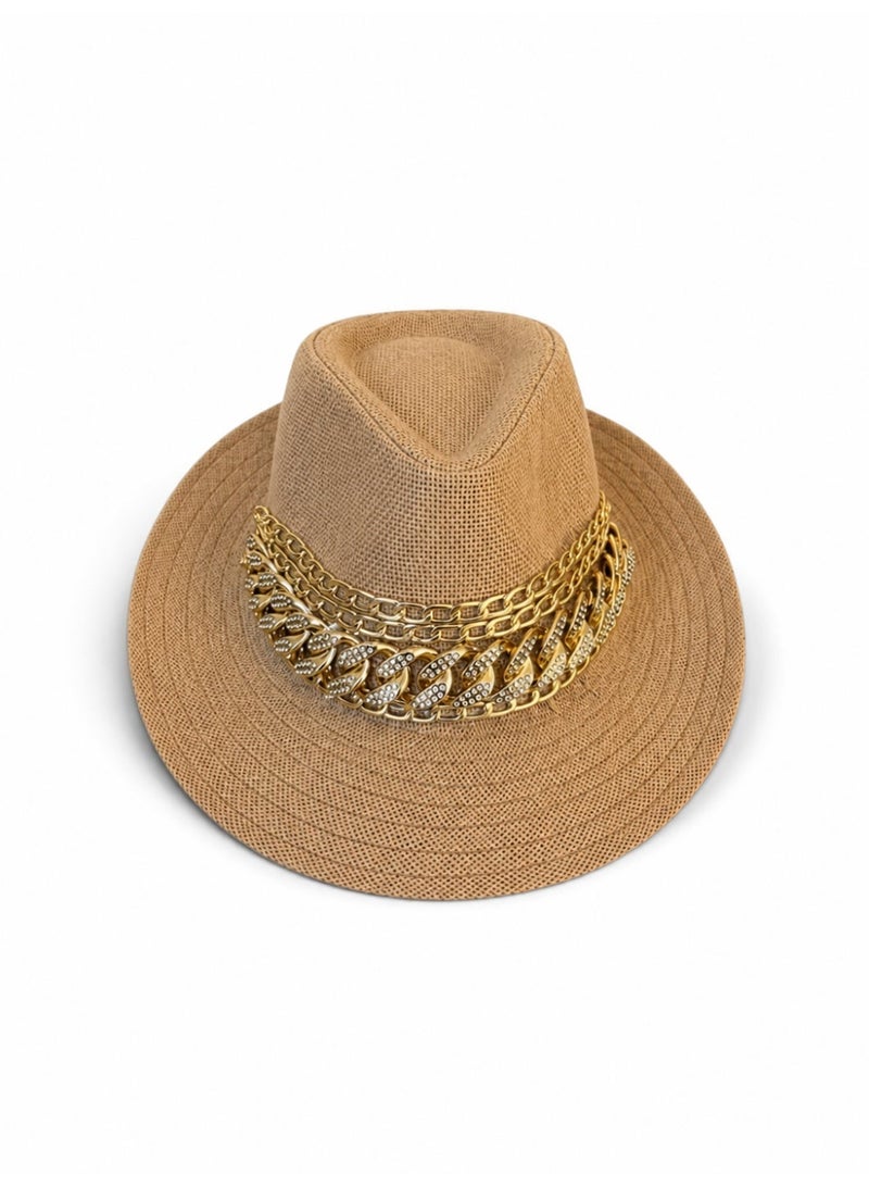 LIFESTYLISH Cowboy hat burlap Decorated with gold chains Q-2 - Beige - Image 2